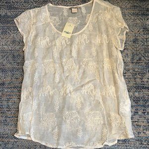 Lucky Brand Sheer Embroidered Elephant Blouse - Size L NWT